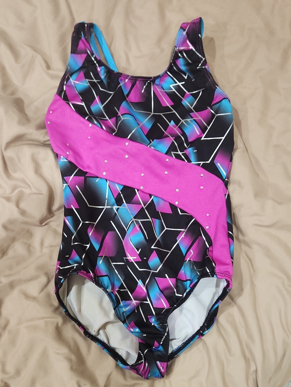 Danskin Black One-Piece Swimsuit with Pink and Blue Geometric Accents
